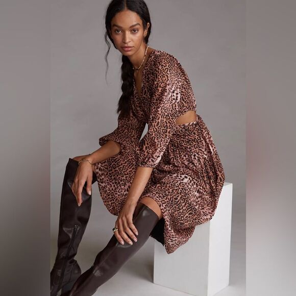 ANTHROPOLOGIE Ranna Gill Floral Cut-Out Midi Dress animal print cutout size XS - Picture 2 of 14